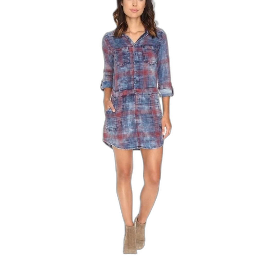 BlankNYC Womens Blue Red Tie-Dye Plaid Collared Distressed Mini Shirt Dress Sz M